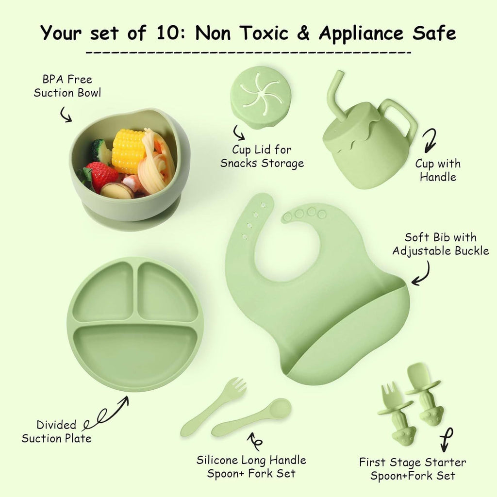 SiIicone Baby Feeding Set With Suction, 10 Pcs