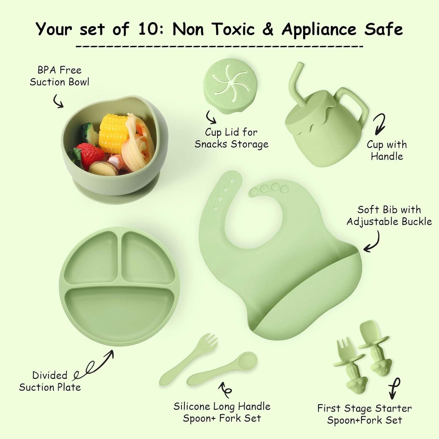 SiIicone Baby Feeding Set With Suction, 10 Pcs